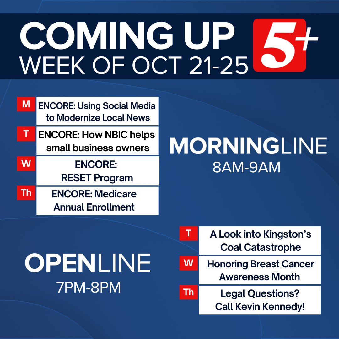 Here's what's coming up next week on 5+!
Nick Beres is out but we are airing some great MorningLine episodes that we think are worth a re-watch!
OpenLine will be LIVE talking the Kingston coal catastrophe, Breast Cancer Awareness &amp; Kevin Kennedy will be giving FREE legal advice!