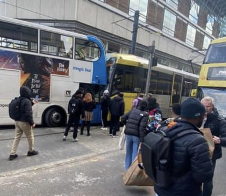 LiveFromMCR's tweet photo. Head on bus &amp; tram crash near Piccadilly Gardens. Emergency services now on the scene &amp; public transport changes currently. #Manchester #Tram #Bus #Metrolink https://t.co/CjTJyyjpwJ
