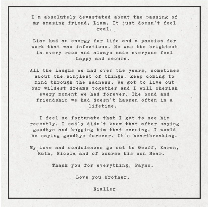 el comunicado de Niall pega diferente sabiendo que no puede asimilar que fue el último en verlo unos días atrás. #RIPLiamPayne #Liam_Payne