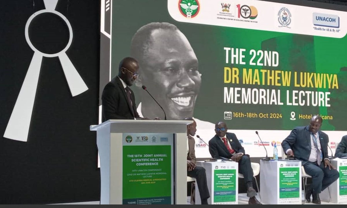 Jadwong's tweet image. Dr Daniel Lukwiya, son of Lukwiya gives a vote of thanks at the 22nd #DrMathewLukwiya Memorial Lecture at Hotel Africana 

 #jashc2024 
@WHOAFRO