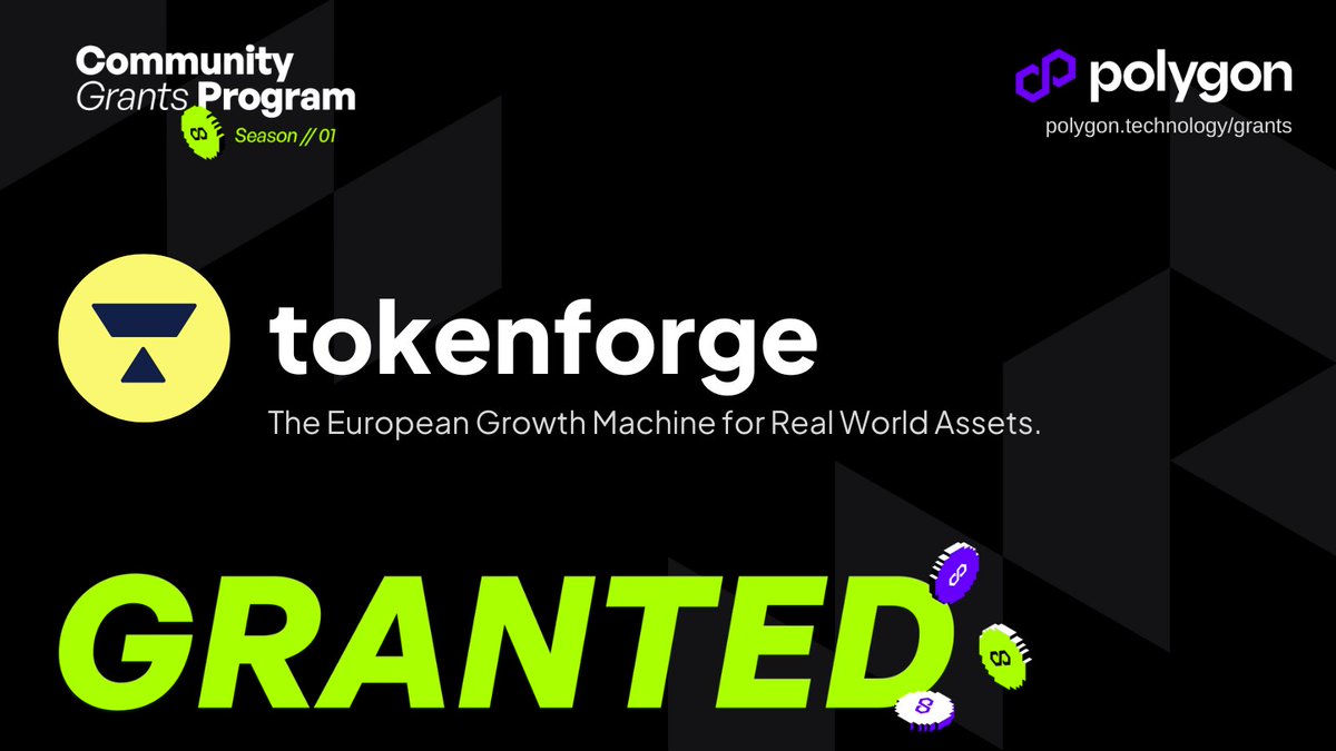 We are happy to announce that tokenforge has been approved by the <a href="/0xPolygon/">Polygon</a> Community Grants Program! 🚀

Thanks to Polygon Labs for this opportunity. We look forward to contributing to the growth of the ecosystem!

Stay tuned for updates!
#RWA #tokenforge #tokenization #Polygon