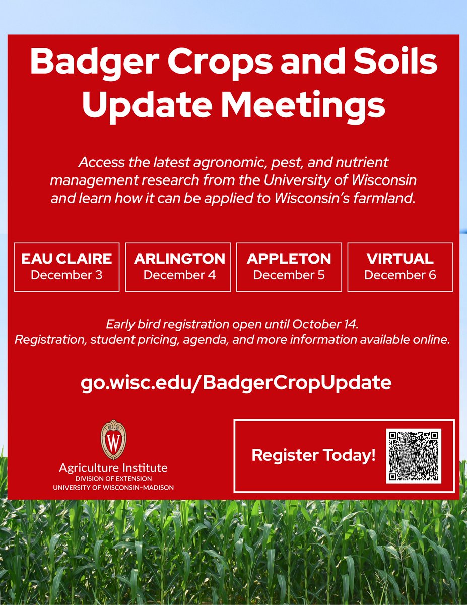 Registration for the 2024 Badger Crops and Soils Update Meetings is open! Join us at one of the meetings December 3-6 to learn about the latest agronomic, pest and nutrient management research from UW and how it can be applied to Wisconsin’s farmland. go.wisc.edu/BadgerCropUpda…