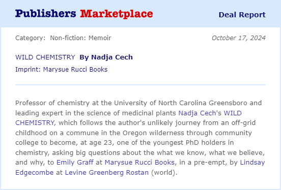 Nadja Cech (@nadjacech) on Twitter photo Thrilled that my memoir WILD CHEMISTRY will be published by <a href="/msrbooks/">Marysue Rucci Books</a>, an imprint of <a href="/simonschuster/">Simon & Schuster</a>.
Incredibly lucky to be working with two exceptionally brilliant women on this project:
Lindsay Edgecombe <a href="/LindsayEdgecom1/">Lindsay Edgecombe</a> <a href="/LGRLiterary/">LGR Literary</a> and Emily Graff at Marysue Rucci Books. Thrilled that my memoir WILD CHEMISTRY will be published by <a href="/msrbooks/">Marysue Rucci Books</a>, an imprint of <a href="/simonschuster/">Simon & Schuster</a>.
Incredibly lucky to be working with two exceptionally brilliant women on this project:
Lindsay Edgecombe <a href="/LindsayEdgecom1/">Lindsay Edgecombe</a> <a href="/LGRLiterary/">LGR Literary</a> and Emily Graff at Marysue Rucci Books.
