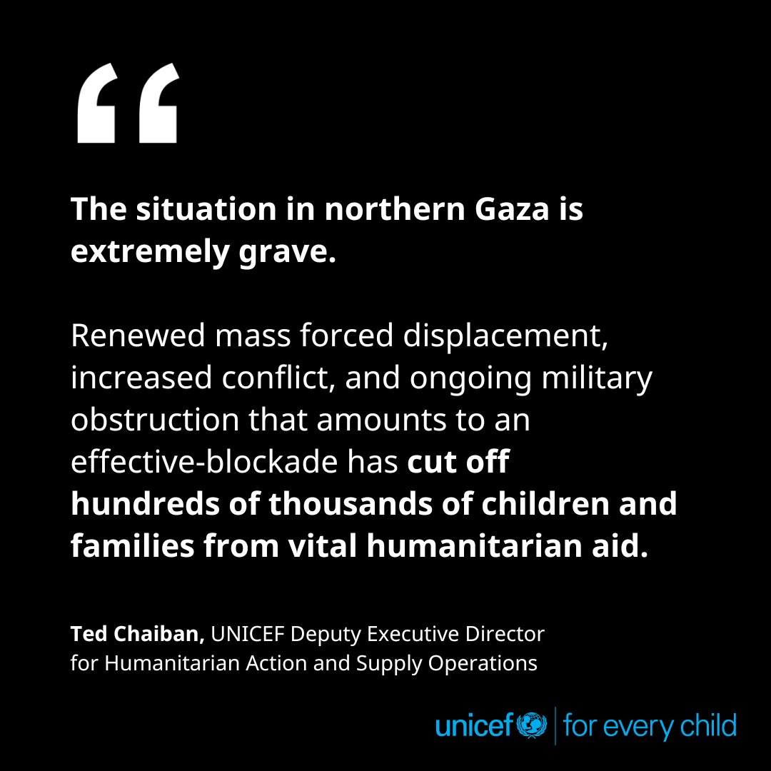 UNICEF (@unicef) on Twitter photo “Failure means abandoning children in Gaza to an unimaginable fate. Time is running out, but we can still act."
Full statement from UNICEF’s <a href="/TedChaiban/">Ted Chaiban</a>: uni.cf/3YcPQzb “Failure means abandoning children in Gaza to an unimaginable fate. Time is running out, but we can still act."
Full statement from UNICEF’s <a href="/TedChaiban/">Ted Chaiban</a>: uni.cf/3YcPQzb