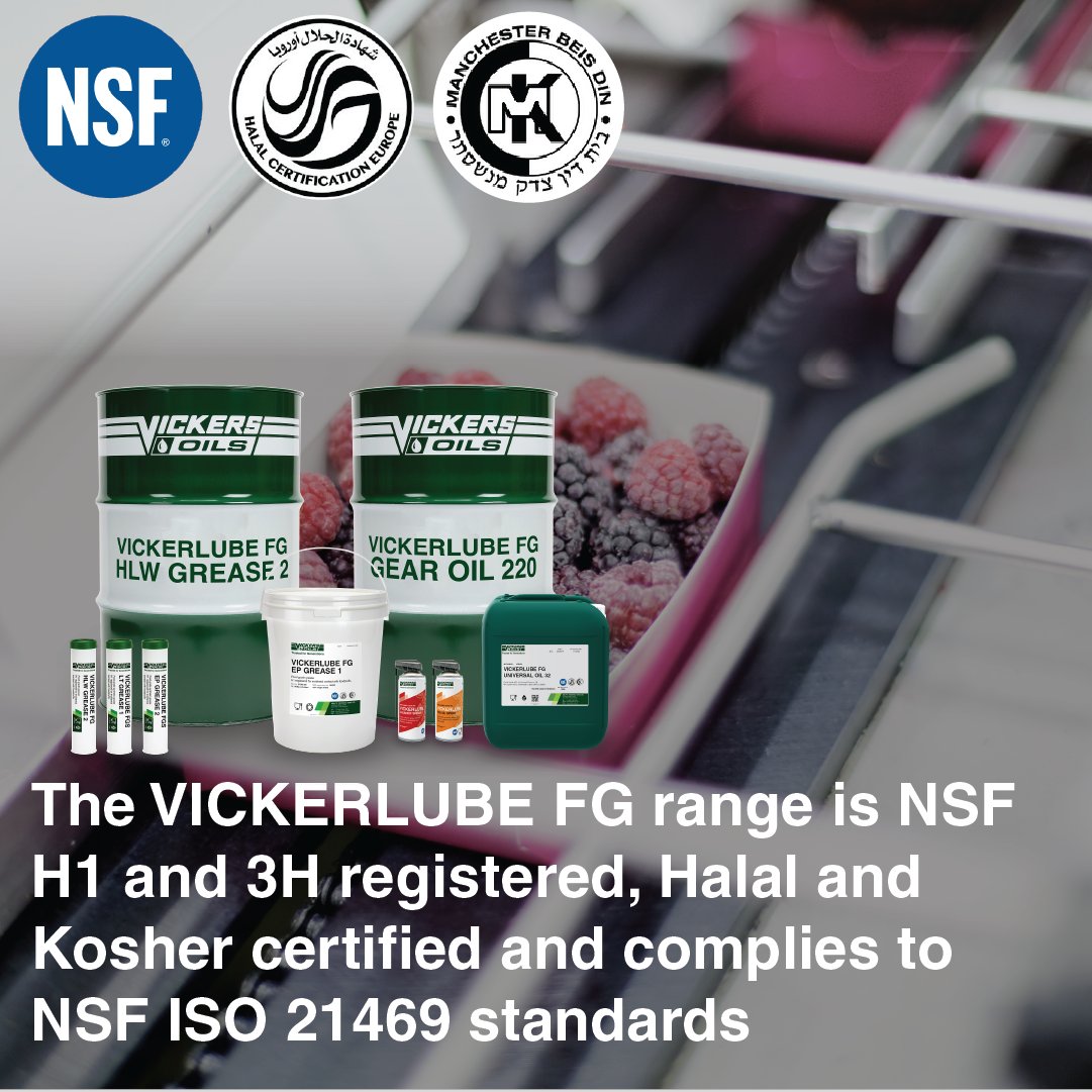 The VICKERLUBE Food Grade range boasts quality and compliance. The range is NSF H1 and 3H registered, Halal and Kosher certified and complies to NSF ISO 21469 standards.

To see more about the VICKERLUBE Food Grade range  click here: vickers-oil.com/food-grade-lub…

#foodgrade