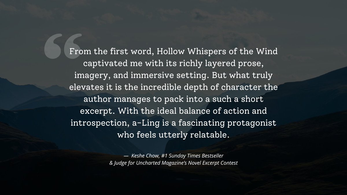 💫 Thank you <a href="/uncharted_mag_/">Uncharted Mag</a> for showcasing the 1st chapter of my historical fiction, HOLLOW WHISPERS OF THE WIND, and thank you <a href="/KesheWrites/">Keshe</a> for your kind words! 🎉

📚 Read the chapter at the🔗 below!
unchartedmag.com/stories/hollow…

#WritingCommunity #historicalfiction #BookTwitter