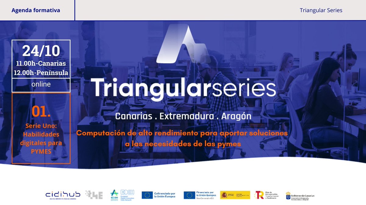 Mañana día 24 regresan las Triangular Series, con la charla Computación de alto rendimiento para aportar soluciones a las necesidades de las PYMES. A las 11 de la mañana hora canaria, te invitamos a participar. Más info en el siguiente enlace

cidihub.org/event/triangul…