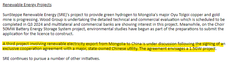 #MATD 🧵1/4 
Renewables speculation: 
RNS 29 May 2024 states the below. We know Sunsteppe can provide green hydrogen solutions based on the Oyu Tolgoi project.