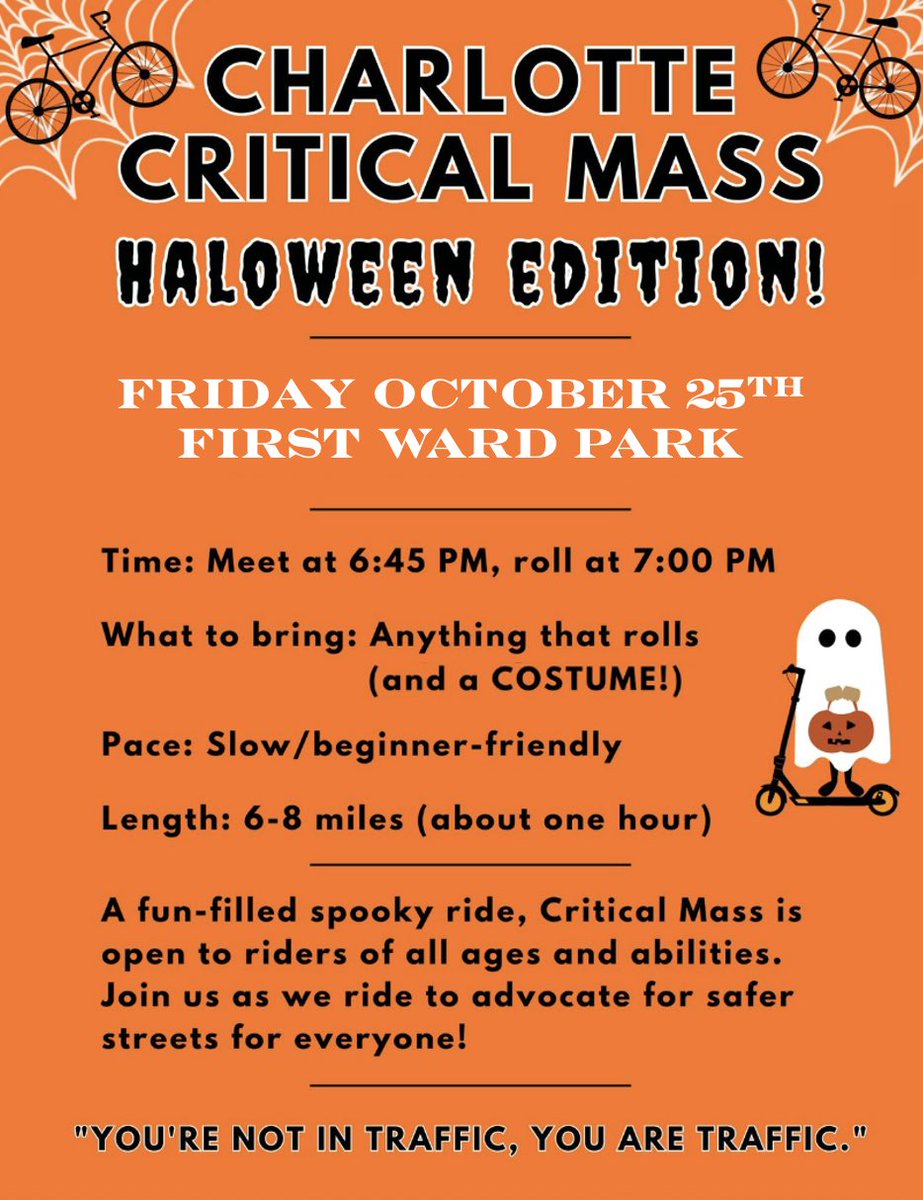 October Critical Mass is just a week away 

A social bike ride, tour of the city, and peaceful protest - all wrapped into one

Bring something that rolls, and if you’re cool enough… bring a costume 🎃👻

See you all there

🗓️10/25
📍First Ward Park
⏱️ 6:45 - 8 PM