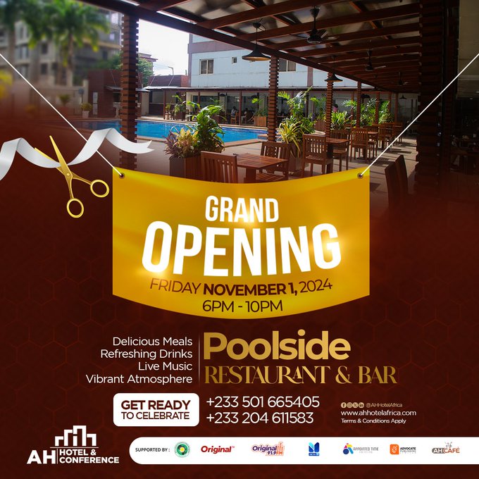KwameJudah's tweet photo. Join @AHHotelAfrica_ for the Grand Opening of their Poolside Restaurant & Bar.
📅 : November 1, 2024
⏰ : 6 PM – 10 PM
📍 : AH Hotel & Conference, Poolside
📱: +233 501 665405 | +233 204 611583
#AHPoolsideDining
Supreme Court SALL Shatta Wale #WanniDanbanki Sammy Gyamfi Big H https://t.co/B9jfKmS3Mi