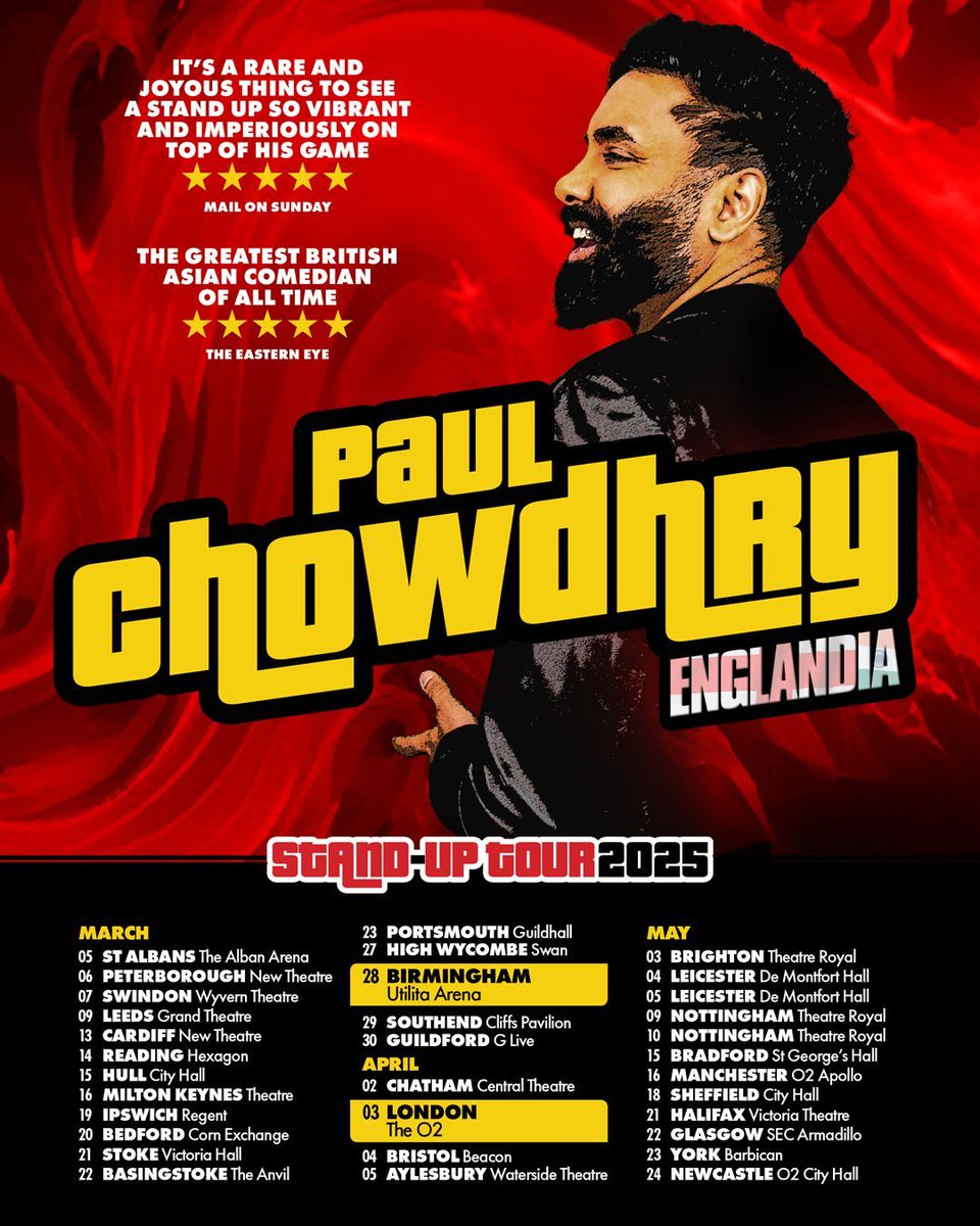 Bristol Beacon (@bristol_beacon) on Twitter photo Comedy favourite <a href="/paulchowdhry/">Paul Chowdhry</a> returns to Bristol in 2025 as part of a brand new stand-up show and tour; Englandia 🎙️
Coming to Beacon Hall on Fri 4 Apr 2025.
Pre-sale: Thu 24 Oct
General sale: Fri 25 Oct
Tickets: buff.ly/4fbBsye Comedy favourite <a href="/paulchowdhry/">Paul Chowdhry</a> returns to Bristol in 2025 as part of a brand new stand-up show and tour; Englandia 🎙️
Coming to Beacon Hall on Fri 4 Apr 2025.
Pre-sale: Thu 24 Oct
General sale: Fri 25 Oct
Tickets: buff.ly/4fbBsye
