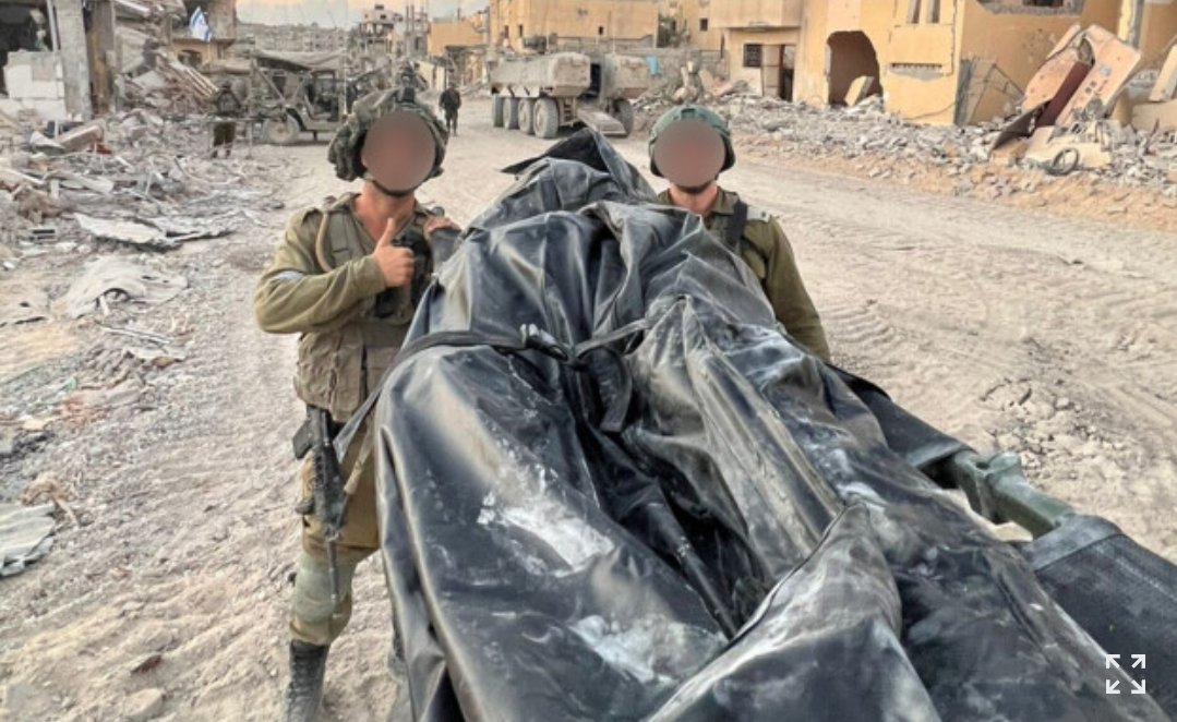This is how the IDF removed the body of #yahyasinwar from #Rafah, in an IDF body bag. Now, try to remember how Hamas paraded Israeli hostages through #Gaza, some dead some alive, some having been raped or mutilated. That's the whole difference.