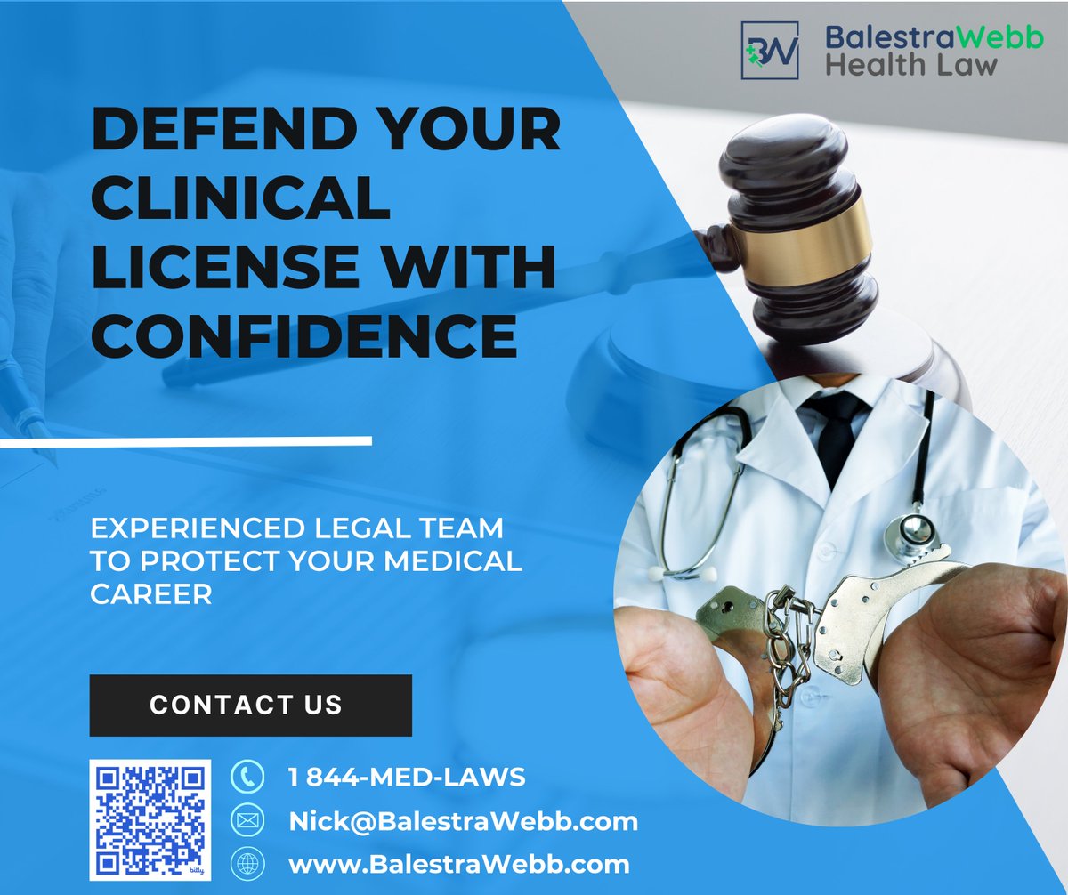 BalestraWebbLaw's tweet image. Facing a clinical license suspension?

BalestraWebb Health Law offers experienced legal defense to protect your medical career. We fight for your rights and ensure your license stays intact.

Reach out today for reliable legal support!

#LicenseProtection #LegalTeam #BalestraWebb