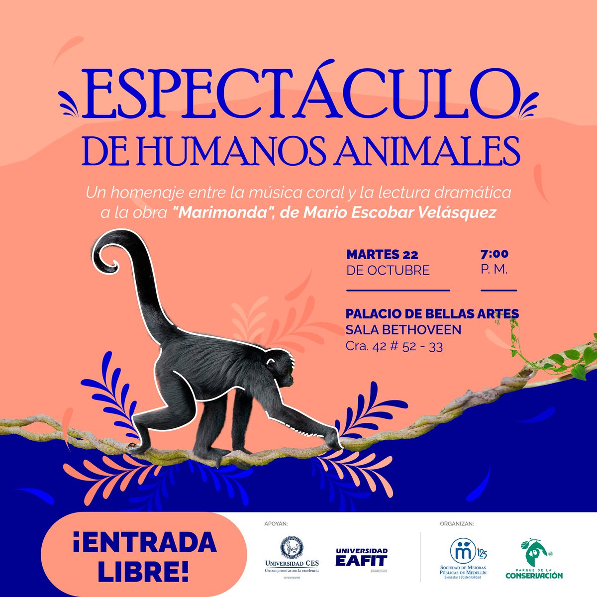 Un homenaje a la obra "Marimonda" de Mario Escobar Velásquez entre la música coral y la lectura dramática. 
Coro <a href="/EAFIT/">Universidad EAFIT</a>  y el Grupo de Teatro de <a href="/UniversidadCES/">Universidad CES</a> presentes.
Una noche de armonías vocales y actuaciones impactantes, dónde la música y la palabra se fusionan 🌟