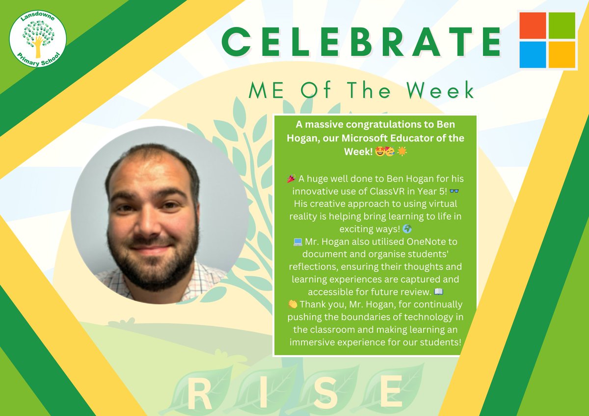 LansdowneME10's tweet image. 🎉 Congratulations to Ben Hogan, our @MSEducationUK Educator of the Week! 🎓Ben has been using @ClassVR  to engage Year 5 students in a memorable afternoon lesson, combining immersive learning with OneNote for reflection and organisation. Amazing work, Ben! 👏
#MicrosoftEducator