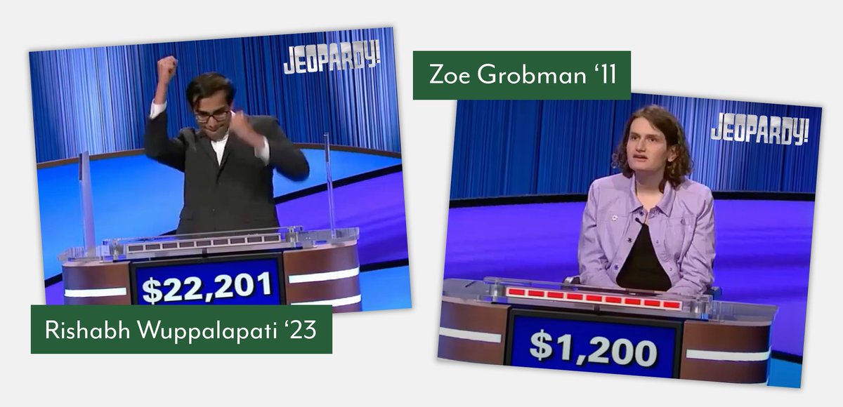 Stevenson was well-represented on Tuesday's episode of Jeopardy! Alumni Rishabh Wuppalapati '23 &amp; Zoe Grobman '11 both delivered impressive performances on the TV game show. Rishabh emerged as the winner, taking home $22,201. Zoe finished in second place with $19,601. #jeopardy