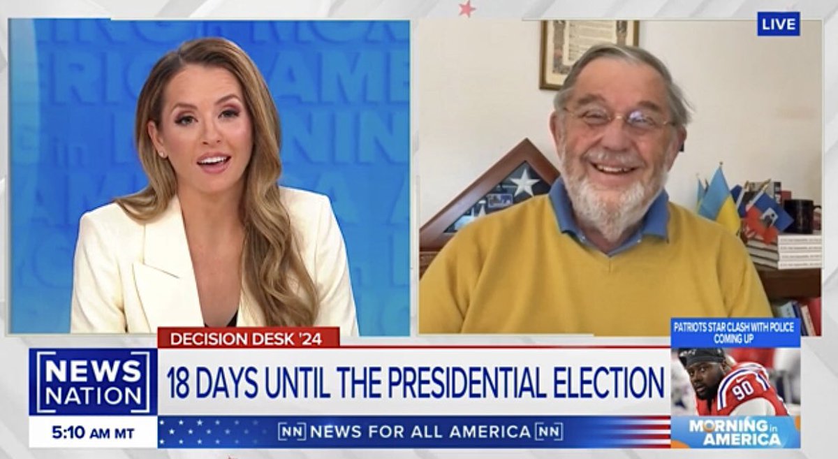 GuySmithSSC's tweet photo. News Nation's "Morning In America" w host Markie Martin: Harris ripping Fox; ripping Trump. Harris funny at Catholic dinner; Trump dark &amp; mean. Clear contrasts! Watch here (https://t.co/CSk0DxJ8qI) https://t.co/NMkvuha7XE