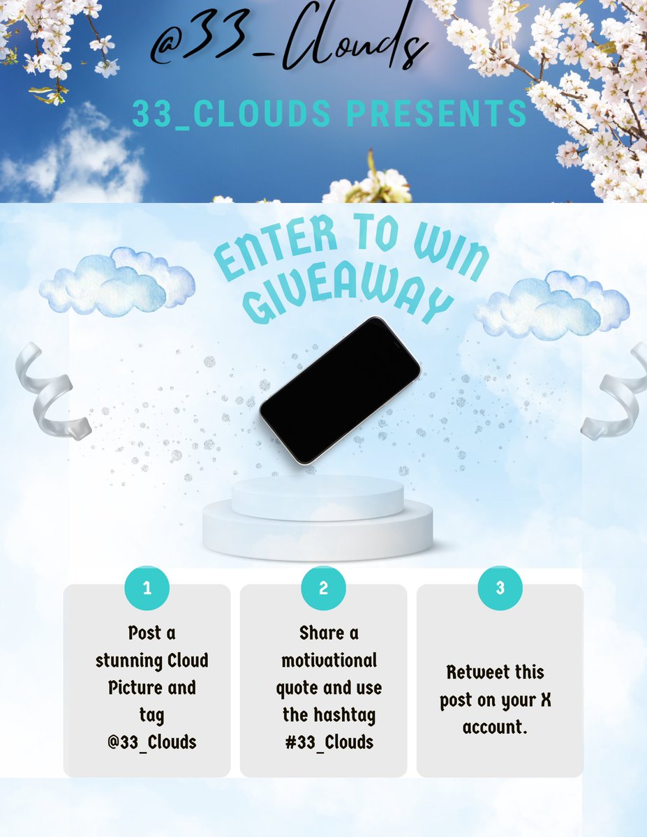 33_Clouds's tweet photo. @33_Clouds Presents "CLOUDS OF INSPIRATION GIVEAWAY!" 
Want to win? It's easy!!
1️⃣ Post a stunning cloud picture &amp; tag us @33_Clouds
2️⃣ Share your favorite motivational quote &amp; use the hashtag #33_Clouds
3️⃣ Retweet this post! 
Good luck, cloud lovers! ☁️ #Giveaway #33_Clouds https://t.co/3NonOqgdRT