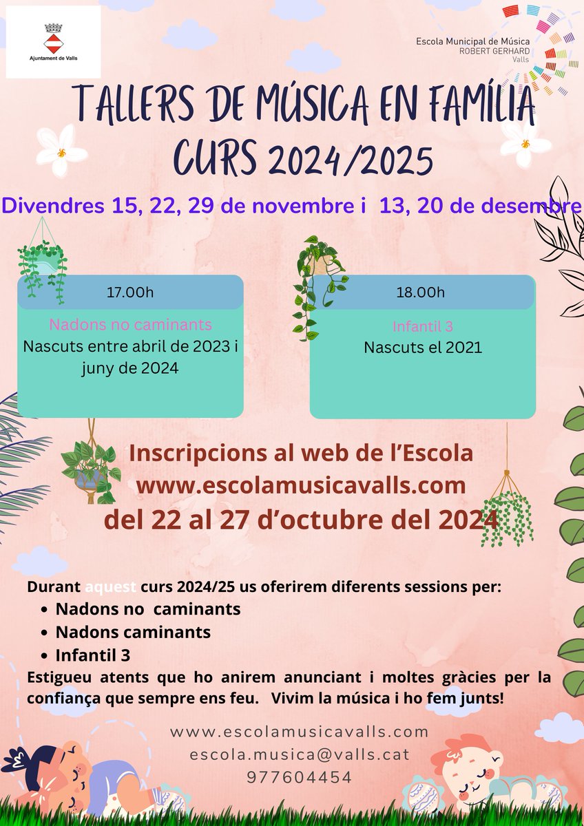 Inscripcions obertes del 22 al 27 d'octubre per un nou Taller de música en família.
Informació i inscripcions a 
escolamusicavalls.com