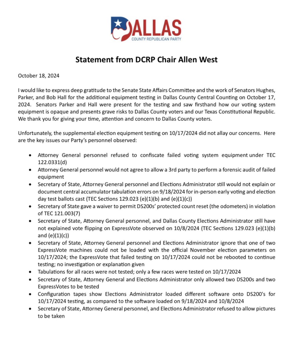 Dallas County GOP Citizen News (@dallasgopnews) on Twitter photo Breaking news 🚨
The electronic machines for Dallas County’s upcoming General Election have failed TWO inspections. Why isn’t the Secretary of State Jane Nelson, our Attorney General Ken Paxton, and our Governor Greg Abbott doing anything about this? 👀 <a href="/GregAbbott_TX/">Greg Abbott</a> Breaking news 🚨
The electronic machines for Dallas County’s upcoming General Election have failed TWO inspections. Why isn’t the Secretary of State Jane Nelson, our Attorney General Ken Paxton, and our Governor Greg Abbott doing anything about this? 👀 <a href="/GregAbbott_TX/">Greg Abbott</a>