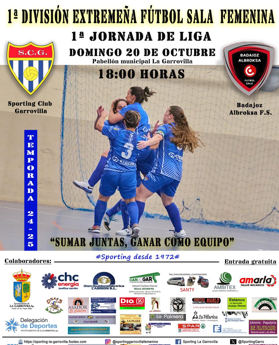 📣Vuelve la liga📣
Nuestras chicas debutan esta temporada en casa. Este domingo 20 de Octubre a las 18:00horas.
🗓️Domingo 20/Octubre/2024
📍Pabellón Municipal La Garrovilla 
⏰18:00horas
¡Os esperamos para apoyar a nuestro equipo!
💪🏽⚽️💙 1,2,3 ¡SPORTING!