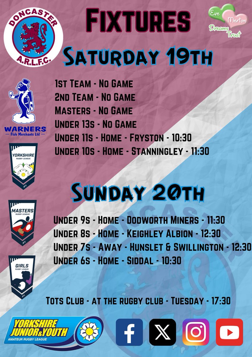 A real feast of RL this weekend at Prospect Rd as 5 of our teams taketo the field at home!

Saturday from 10:30 sees our U10s and U11s in action and then on Sunday at the same time there will be our younger age groups running out in the Maroon and Blue! 💙💜🏉

#Raisingthebar