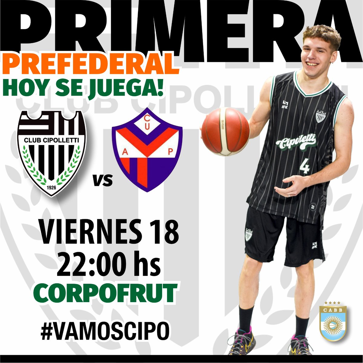 #BÁSQUET 🏀

👉 Este viernes se juega una nueva fecha del Prefederal Ascenso a partir de las 22 horas en Corpofrut. Enfrentamos a Club Unión Alem Progresista de Allen.

Vení a alentar a la primera 💪

¡Vamos, Cipo! 🖤🤍

#clubcipolletti
