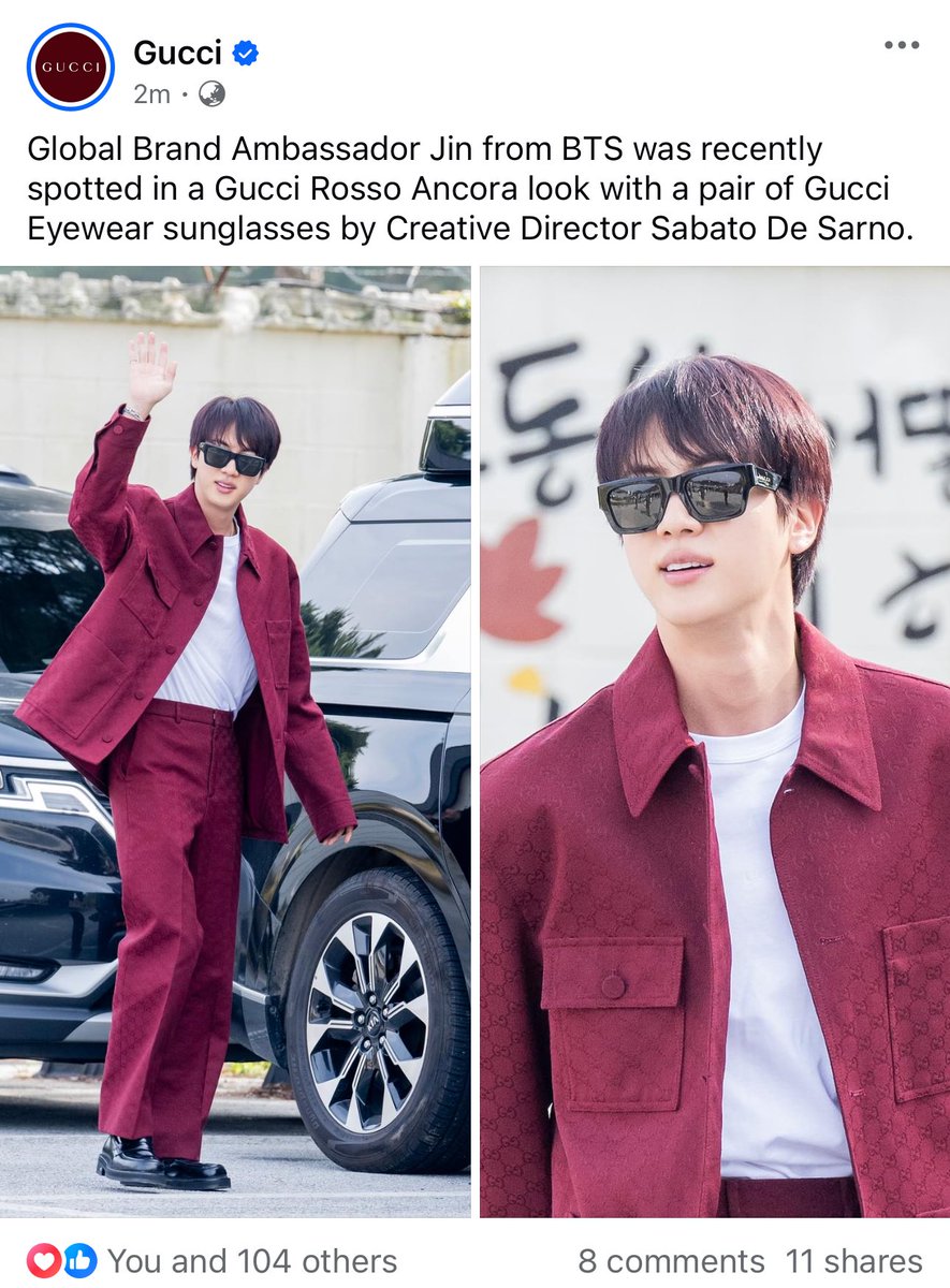 GUCCI OFFICIAL FACEBOOK “Global Brand Ambassador Jin from BTS was