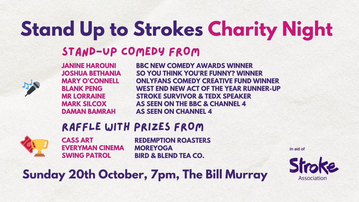 Alex Bertulis-Fernandes (@alexbertanades) on Twitter photo 📢 Don't miss this incredible night in aid of <a href="/TheStrokeAssoc/">Stroke Association</a>! With stand-up from <a href="/marksilcox/">Mark Silcox</a> <a href="/marydoesgigs/">Mary O’Connell</a> <a href="/BlankPeng404/">Blank Peng</a> <a href="/MistaLorraine/">Mr Lorraine</a> <a href="/dsbamrah/">Daman Bamrah</a> <a href="/joshuabethania/">Joshua Bethania Comedy</a> & Janine Harouni, plus an ✨amazing✨ raffle! Sunday 20th October, 7pm at <a href="/angelcomedy/">Angel Comedy</a> 🎟️👇🏽bit.ly/3ZxoSEQ 📢 Don't miss this incredible night in aid of <a href="/TheStrokeAssoc/">Stroke Association</a>! With stand-up from <a href="/marksilcox/">Mark Silcox</a> <a href="/marydoesgigs/">Mary O’Connell</a> <a href="/BlankPeng404/">Blank Peng</a> <a href="/MistaLorraine/">Mr Lorraine</a> <a href="/dsbamrah/">Daman Bamrah</a> <a href="/joshuabethania/">Joshua Bethania Comedy</a> & Janine Harouni, plus an ✨amazing✨ raffle! Sunday 20th October, 7pm at <a href="/angelcomedy/">Angel Comedy</a> 🎟️👇🏽bit.ly/3ZxoSEQ