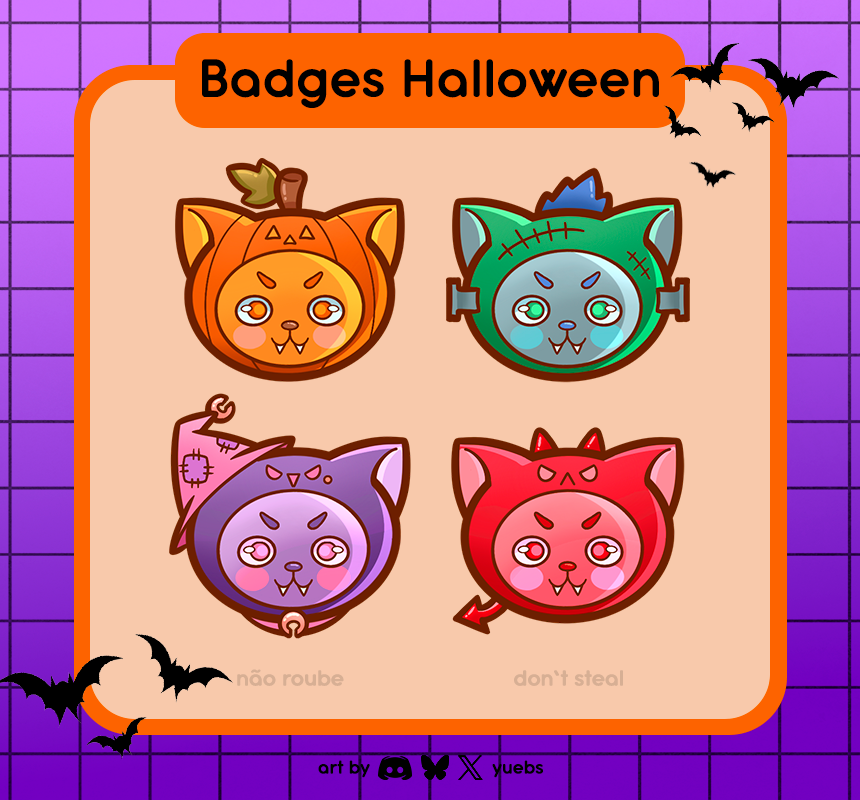 yuyuebs's tweet photo. Badges de Halloween!🎃

Entre em contato comigo e encomende vc tb para comemorar o mês das bruxas~🍁

Mais infos https://t.co/puKtLQU1hf

#badges #emotes #twitchemote #comissão #twitchbadges #Halloween #commissionart #commissionsopen #Vtuber #vtuberbr #cute #Cat https://t.co/Rx12SUdHuF