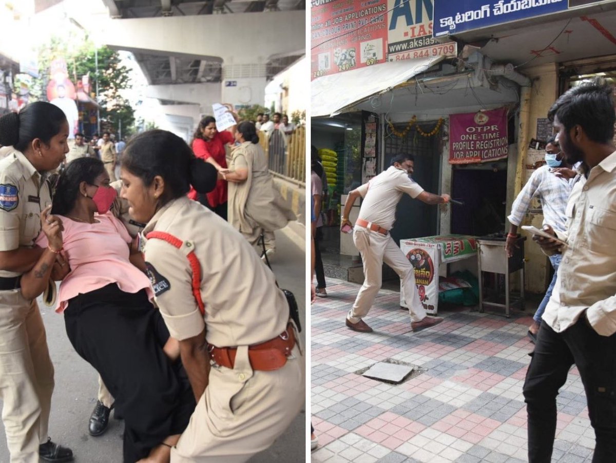 Kompella_MLatha's tweet photo. My heart bleeds to witness the brutal attack by Telangana police on the aspiring Group 1 students in Ashok Nagar, Hyderabad. BJP stands firmly with the students and will fight relentlessly until the exams are rescheduled. We vehemently condemn the police's savage lathi charge on the Group 1 aspirants. The voices of students cannot be silenced with your lathis!
@RahulGandhi @revanth_anumula , is this your idea of “Thaka Tak” and “Mohabbat ki Dukaan”? Is beating up girl students part of the six guarantees promised by your government?

@narendramodi @AmitShah @kishanreddybjp @bandisanjay_bjp @drlaxmanbjp 
#RevanthMustResign #JusticeForStudents #BJPStandsWithStudents