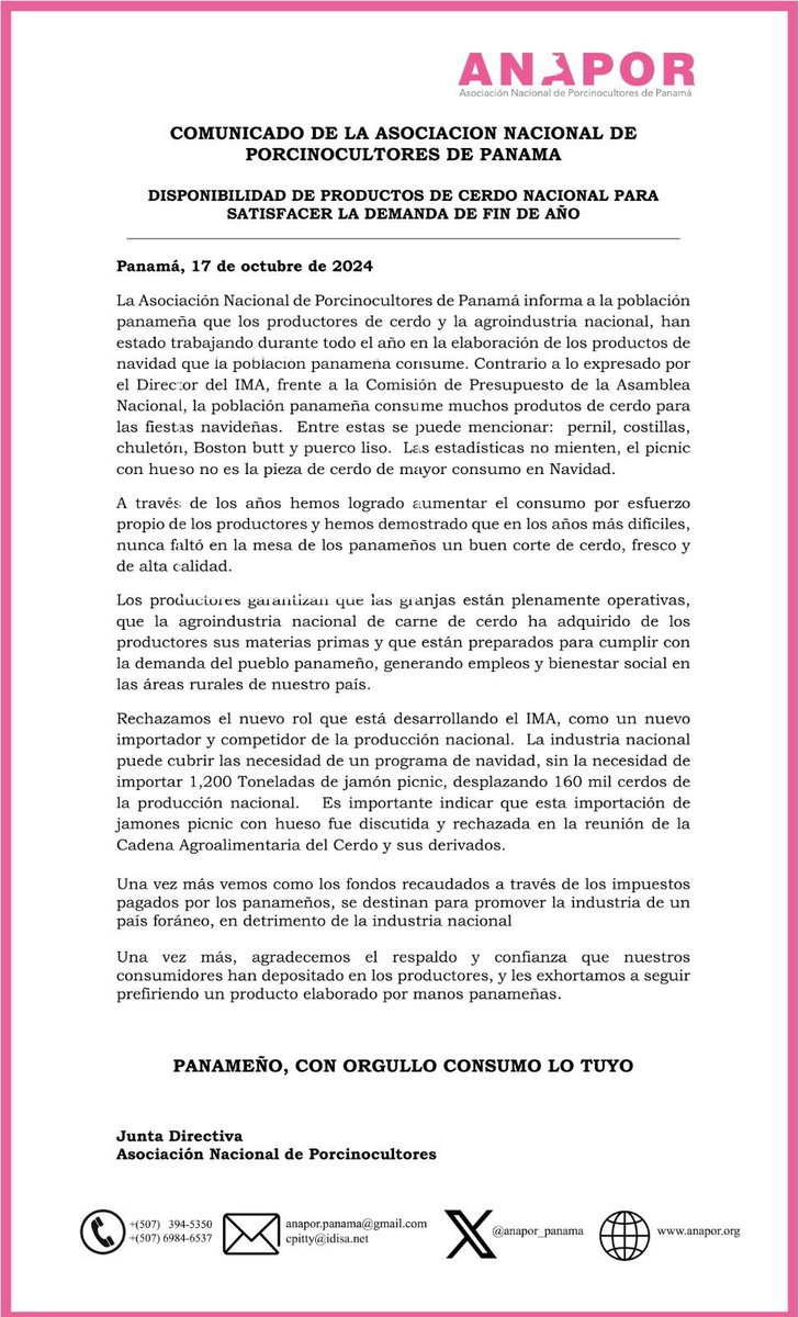 Betseraitv's tweet photo. Como lo advertimos, La Asociación Nacional de Porcinocultores denuncia y rechaza la arbitrariedad del IMA de IMPORTAR $9 millones en jamones para navidad. Ayer en la Comisión de Presupuesto cuestionamos al director Nilo Murillo, quien defendió la decisión como una “tradición de los panameños”. 

Hay que proteger a nuestros productores. Los recursos del estado son sagrados ✍🏽