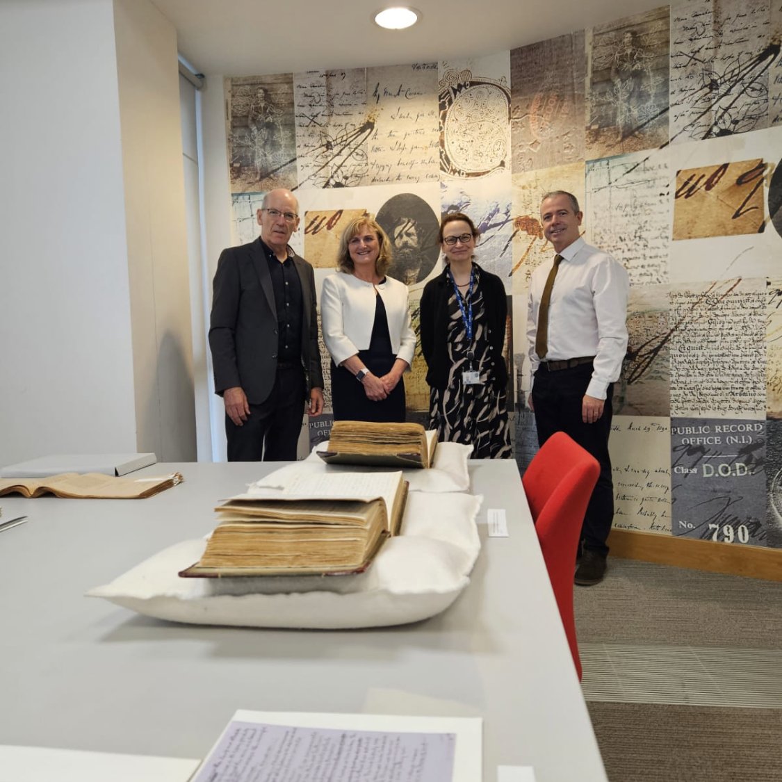 PRONI (@proni_dfc) on Twitter photo We were delighted to welcome members of <a href="/ForasnaGaeilge/">Foras na Gaeilge</a> to PRONI today to look at some documents in Irish or relating to Irish language and culture that are in our care. ✨
Pictured are Seán Ó Coinn, Regina Uí Chollatáin and Pól Deeds along with PRONI's Lorraine Bourke We were delighted to welcome members of <a href="/ForasnaGaeilge/">Foras na Gaeilge</a> to PRONI today to look at some documents in Irish or relating to Irish language and culture that are in our care. ✨
Pictured are Seán Ó Coinn, Regina Uí Chollatáin and Pól Deeds along with PRONI's Lorraine Bourke