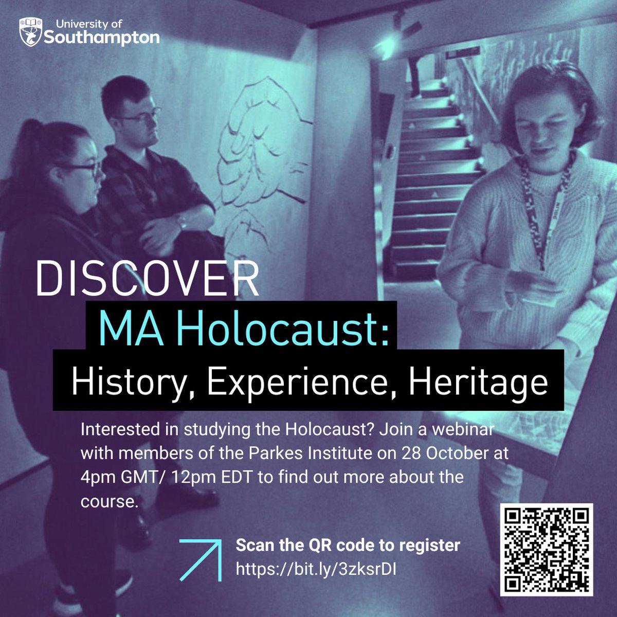 Parkes Institute (@parkesinstitute) on Twitter photo Are you interested in studying the Holocaust?   Join us on 28 October (4pm GMT / 12pm EDT) for a webinar with members of the Parkes Institute and <a href="/HistoryAtSoton/">University of Southampton History Department</a> to learn about our MA Holocaust: History, Experience, Heritage.   
Register here 👉us06web.zoom.us/meeting/regist… Are you interested in studying the Holocaust?   Join us on 28 October (4pm GMT / 12pm EDT) for a webinar with members of the Parkes Institute and <a href="/HistoryAtSoton/">University of Southampton History Department</a> to learn about our MA Holocaust: History, Experience, Heritage.   
Register here 👉us06web.zoom.us/meeting/regist…