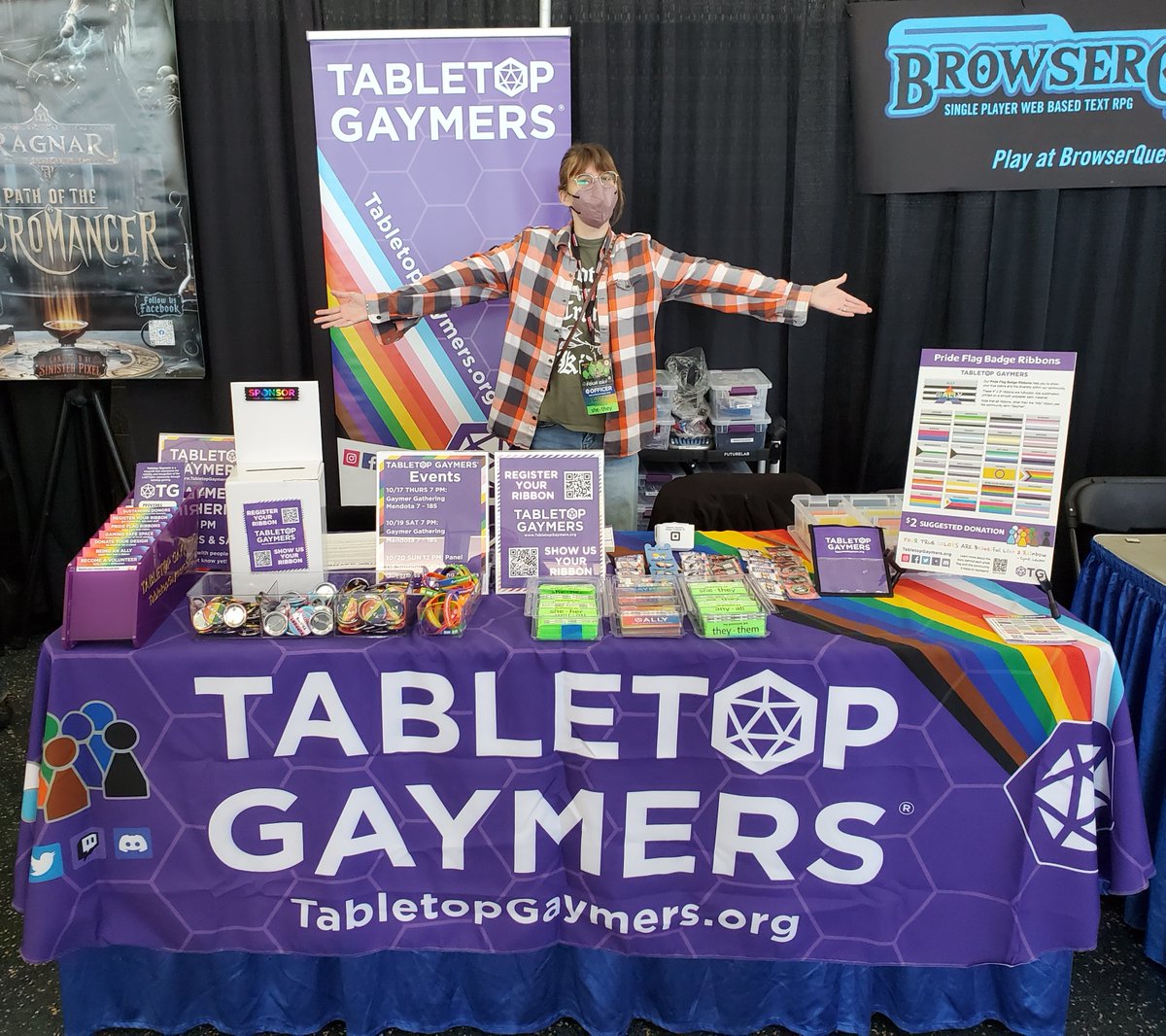 TabletopGaymers's tweet photo. Ready for Friday at #GameholeCon! We had a great time at the Gaymer Gathering last night and are here at the info booth with all our swag through the afternoon. Come get a ribbon to show your allyship or gayming pride! 🌈🌈🌈 #tabletopgaymers #gaymers #wisconsingamers #ttrpg # https://t.co/Ppb812gne0
