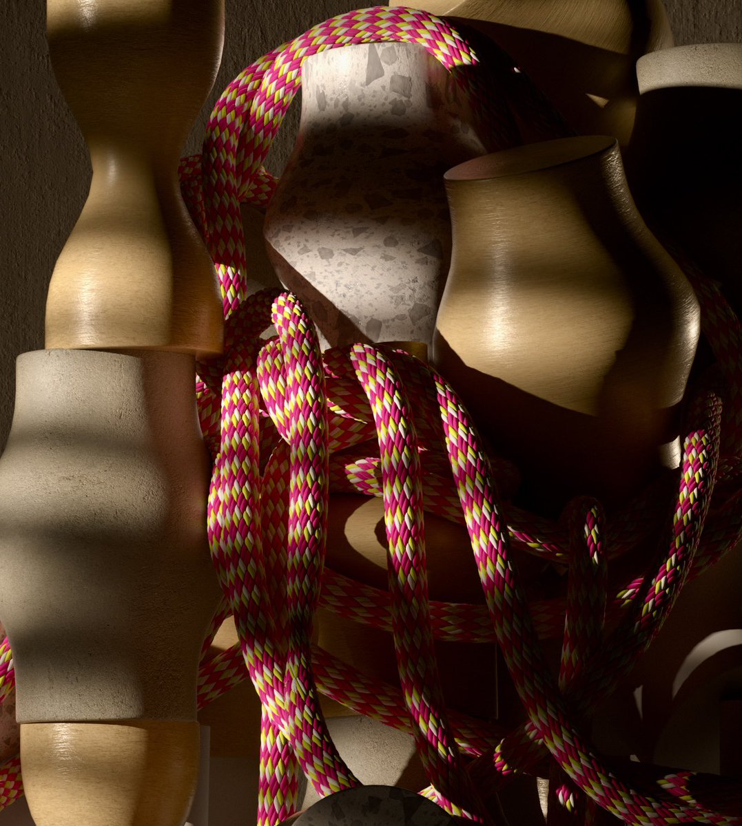 JacekJaniczak's tweet image. 3D abstract shapes meet organic rope forms, bathed in warm sunlight and smooth shadows. ☀️✨ Exploring the blend of hard and soft elements in a digital playground. #3DArt #AbstractDesign #DigitalArt #Cinema4D #Plasticity3D #MotionDesign #VisualArt