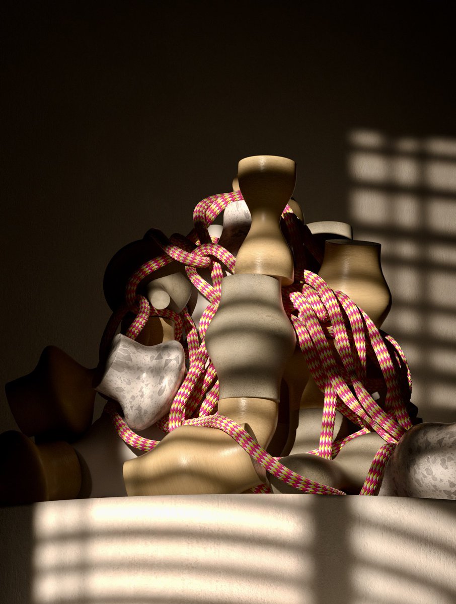 JacekJaniczak's tweet image. 3D abstract shapes meet organic rope forms, bathed in warm sunlight and smooth shadows. ☀️✨ Exploring the blend of hard and soft elements in a digital playground. #3DArt #AbstractDesign #DigitalArt #Cinema4D #Plasticity3D #MotionDesign #VisualArt