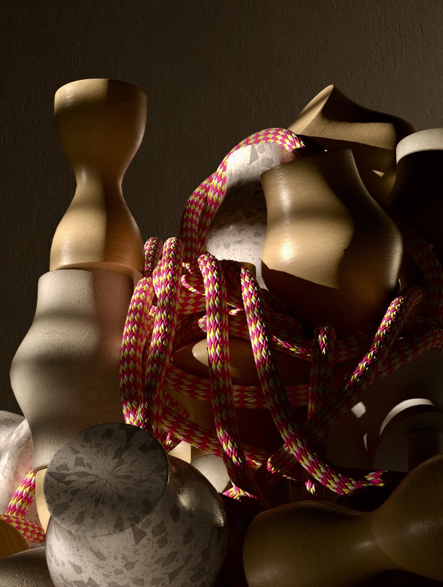 JacekJaniczak's tweet image. 3D abstract shapes meet organic rope forms, bathed in warm sunlight and smooth shadows. ☀️✨ Exploring the blend of hard and soft elements in a digital playground. #3DArt #AbstractDesign #DigitalArt #Cinema4D #Plasticity3D #MotionDesign #VisualArt