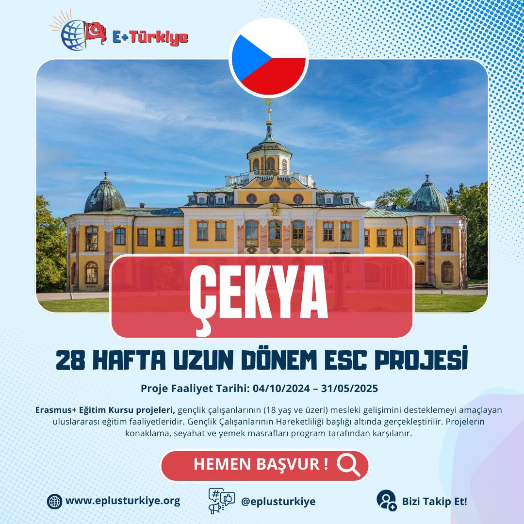 🇨🇿 Çek Cumhuriyeti Uzun Dönem ESC Projesi

📍 Proje Yeri: Beroun, Çek  

📅 Proje Faaliyet Tarihi: 04/10/2024 – 31/05/2025

🗓️ Son Başvuru Tarihi: 30/11/2024

Çekya’ya kim gitmek istemez ki? Tıkla🫵🏻 

eplusturkiye.org/proje/cek-cumh…