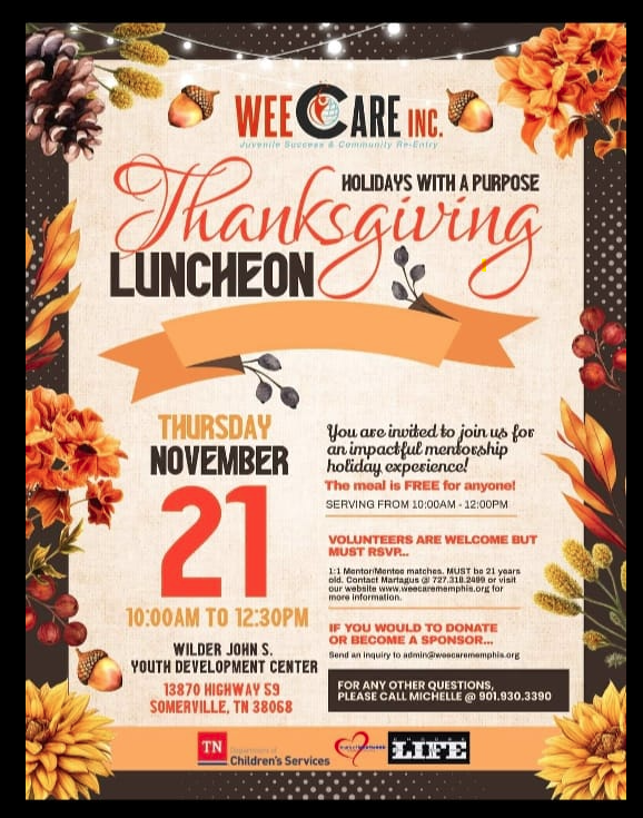 WEECareInc's tweet photo. Don't forget to sign up for WEE Care's annual Thanksgiving luncheon. A free meal is provided to all who attend.
Sign up to mentor young men here: https://t.co/RAxmU68fbM https://t.co/3U7kMnxMND