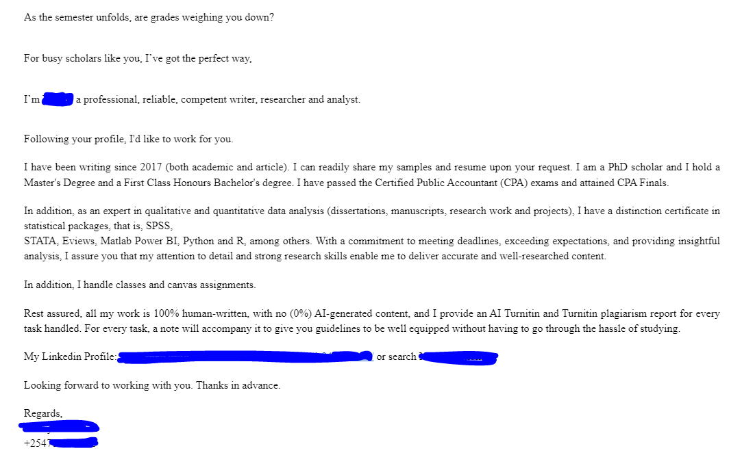 DrLancaster's tweet image. What a kind offer received by email #academicintegrity #contractcheating