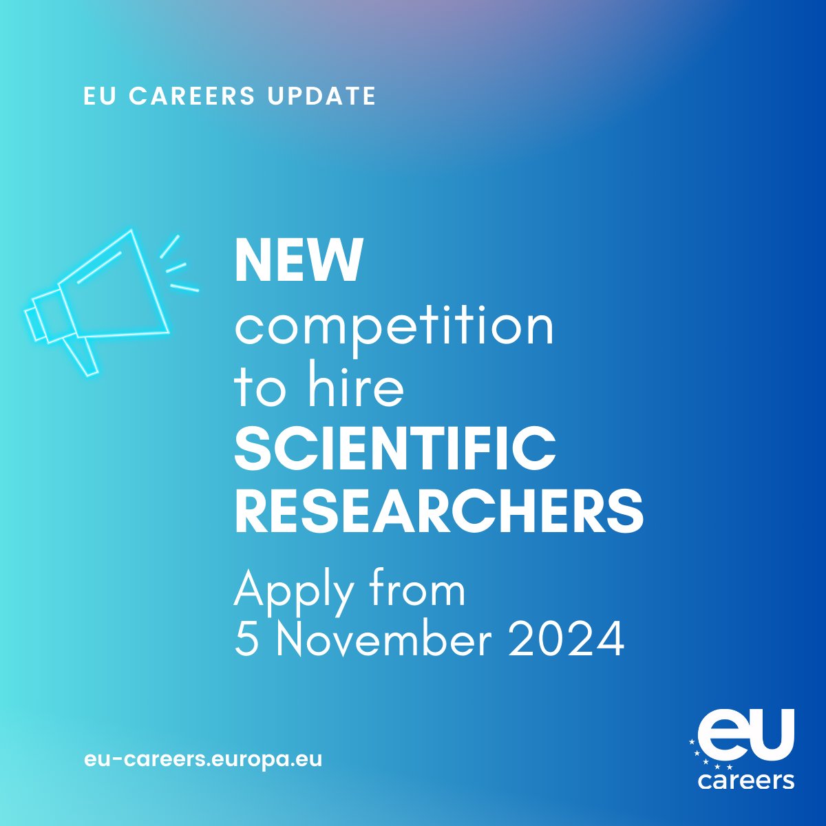 Come work with us!

On 5 November, <a href="/EU_Careers/">EPSO</a>  will launch an open competition to hire researchers in different scientific fields on a permanent basis.

More info coming on 5 November, stay tuned!
eu-careers.europa.eu/en/job-opportu… #EUScienceJobs