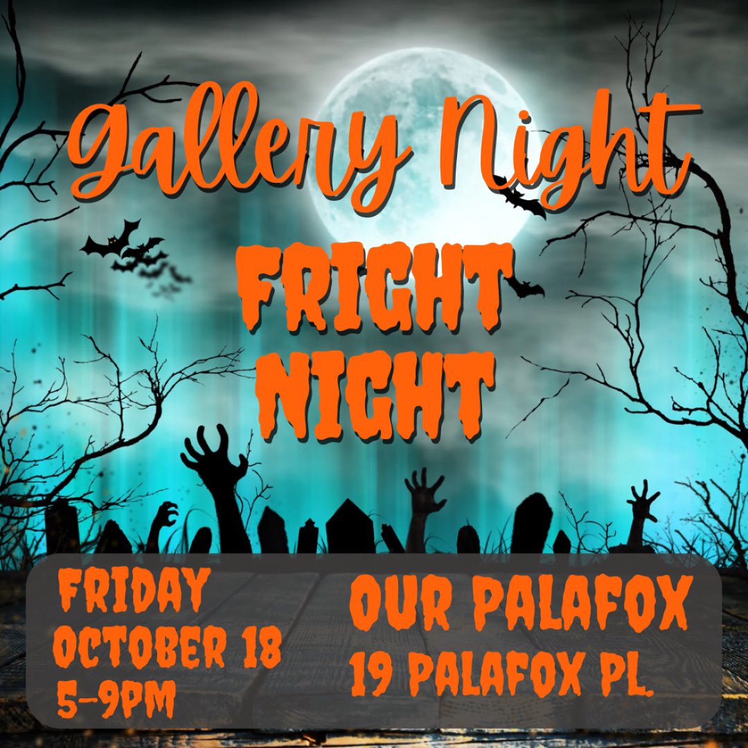 🎃Fright Night Gallery Night is here!🎃

Join us tonight from 5-9pm for some yummy treats (and maybe a few tricks)👻. #gallerynight #gallerynightpensacola #ourpalafox #palafox #downtown #pensacola