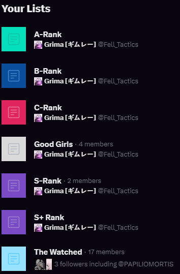 NrnWrites's tweet photo. Now there is an exception to this general layout, which is, as it normally is, Grima. Since she's a Fire Emblem character, she follows the Fire Emblem style of C-B-A-S ranks.

That said, she still has the "Interested" and main ship lists, as well as a special list. https://t.co/2yr1Btpp5j