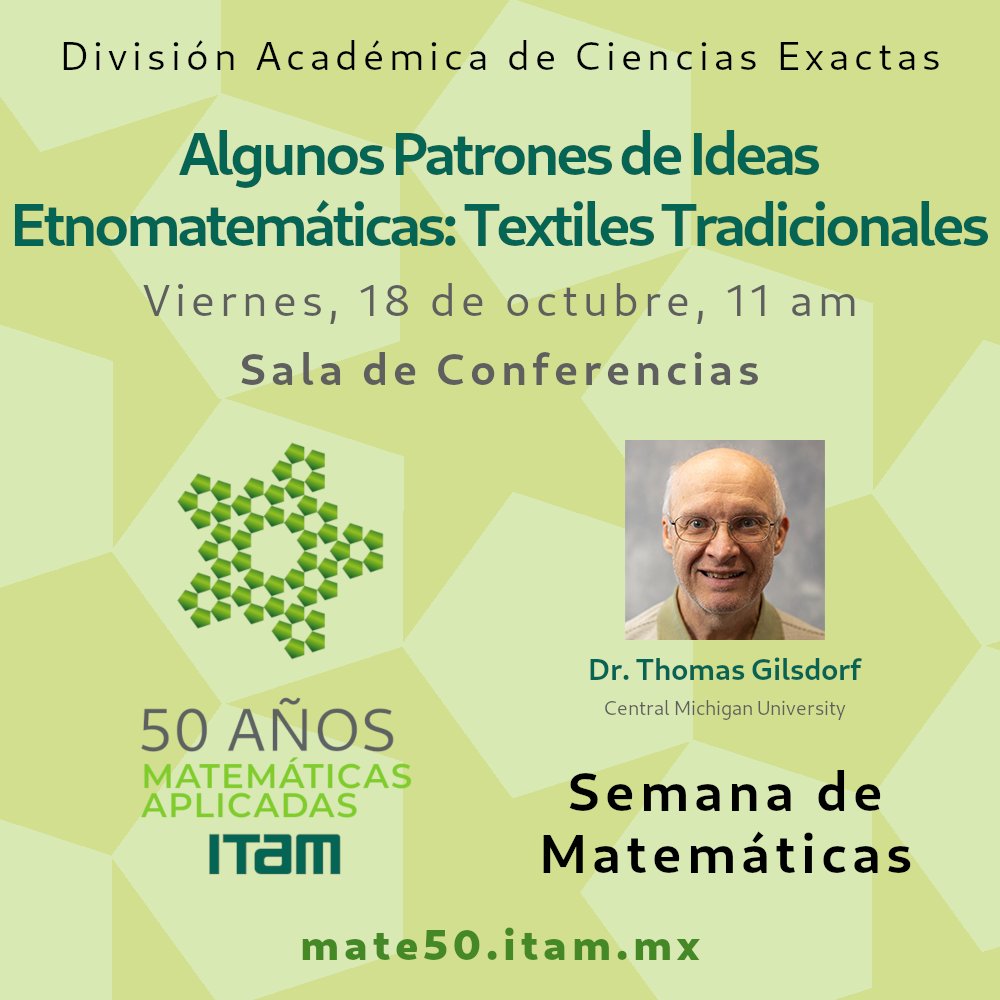 Matemáticas Aplicadas ITAM (@matematicasitam) on Twitter photo Semana de Matemáticas:
El día de hoy tenemos una conferencia sobre etnomatemáticas con Tom Gilsdorf
<a href="/ITAM_mx/">ITAM</a>, <a href="/ITAMuniversity/">ITAM University</a> Semana de Matemáticas:
El día de hoy tenemos una conferencia sobre etnomatemáticas con Tom Gilsdorf
<a href="/ITAM_mx/">ITAM</a>, <a href="/ITAMuniversity/">ITAM University</a>