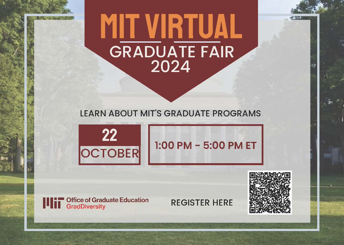 MITCSBPhD's tweet image. Join us 3-5PM on Tuesday October 22, 2024 for the MIT Virtual Graduate Fair. Our booth will be open 3-5PM.
Register today!