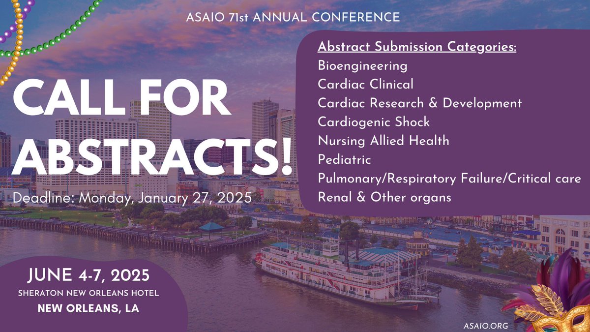Deadline approaching... Submit your abstracts today to ASAIO 2025!
Deadline: Monday, January 27, 2025 at 11:59 pm EDT

Submit Here: asaio.org/conference/Abs…

#ASAIO2025 #Abstracts #Research