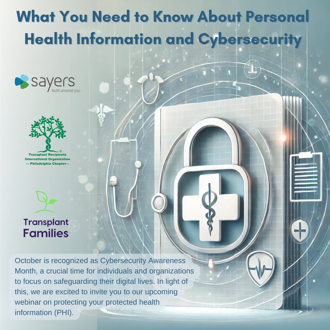 transplantfams's tweet image. Don&apos;t be spooked! 🎃
🌐 October is Cybersecurity Awareness Month! 🌐
Join us for a webinar on protecting PHI, featuring @sayers_inc!

📅 Oct 24, 2024
🕒 3 PM ET
📍 bit.ly/TransplantSecu…

#CybersecurityAwarenessMonth #PHIProtection #TransplantFamilies #TRIOPhiladelphia #Sayers