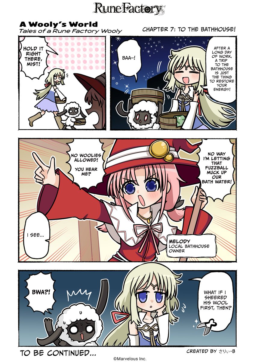 🐑 A Wooly's World 🫧
Ch. 7: To the Bathhouse!

Woolio can't catch a baa-reak...
[Read Right to Left ⬅️]
#RuneFactory
