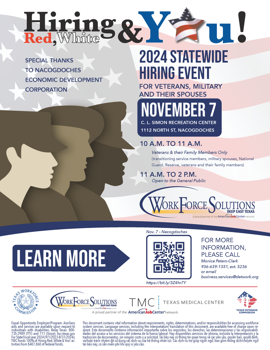 Mark your calendars for Thursday, November 7. <a href="/WorkforceDETex/">Workforce Solutions Deep East Texas</a> and <a href="/NacogdochesEDC/">Nacogdoches Economic Development Corporation</a> are hosting a hiring event to connect veterans and all job seekers to employers across Deep East Texas. #DeepEastTexasWorks #JobsNow 
More information: detwork.org/calendar/event…